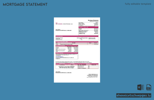 Liechtenstein SIGMA KREDITBANK AG mortgage statement Word and PDF sample preview